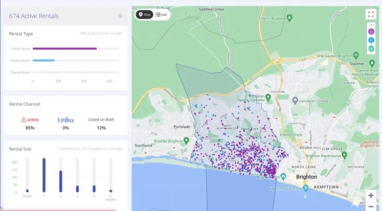 Airbnb holiday rental map for the Hove constituency in Brighton. Showing 674 Active Rentals, 74% are entire rental homes.