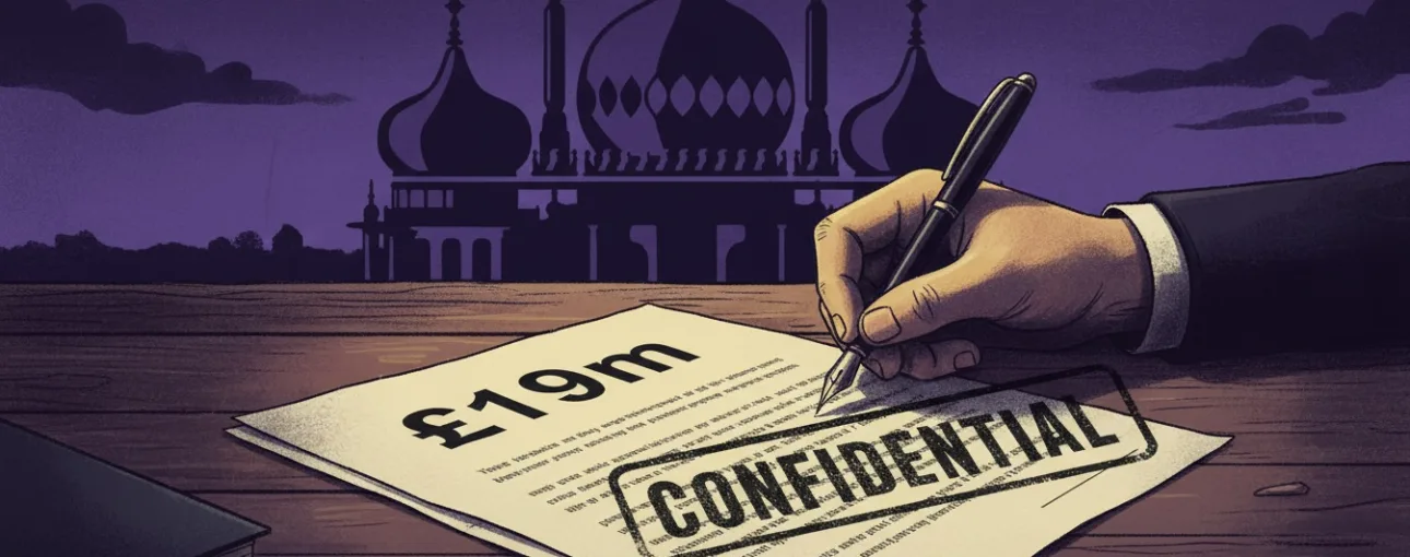 Person Signing £19m Contract with a pen and signed in red ink, Brighton and Hove City Council Logo Pavilion Image in Background