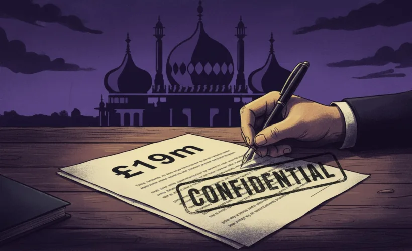 Person Signing £19m Contract with a pen and signed in red ink, Brighton and Hove City Council Logo Pavilion Image in Background